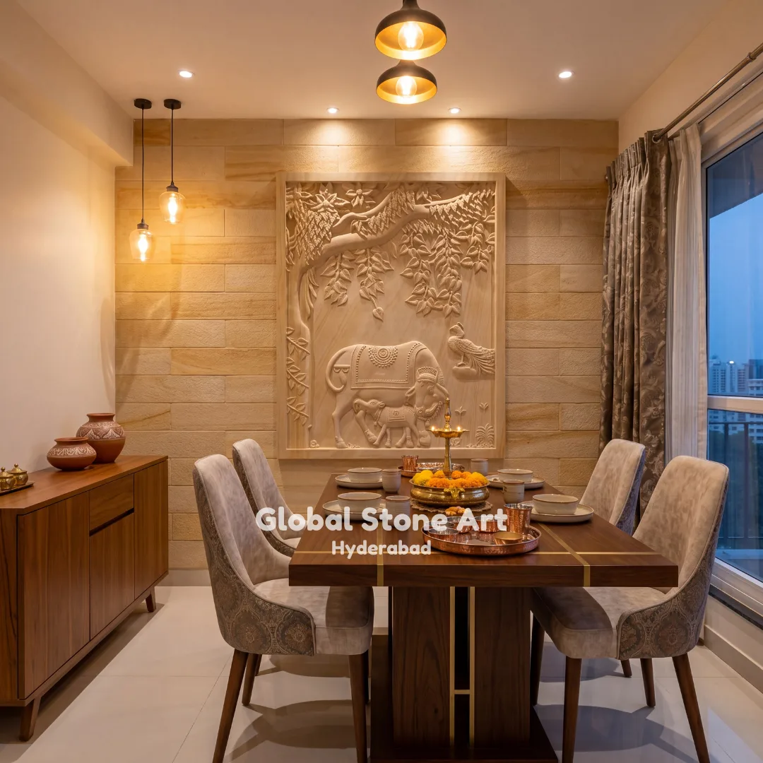 Sandstone Wall Cladding for Dining Room — Carved Nandi & Tree Relief Panel