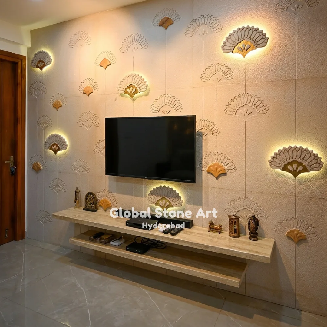 TV Unit Stone Wall Cladding — 3D Fan-Shell Motif with Backlighting