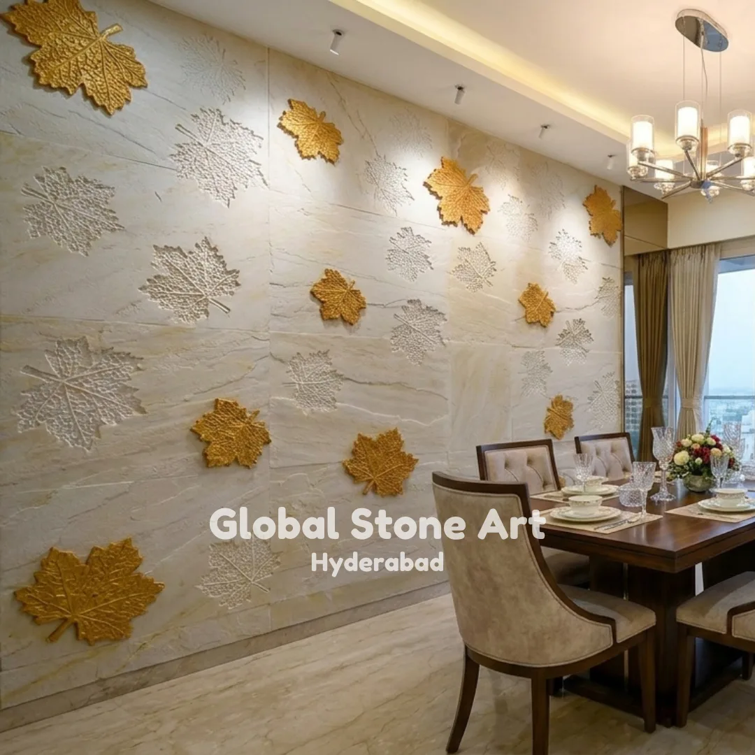 Gold & White Maple-Leaf Relief Stone Wall Cladding for Dining Rooms