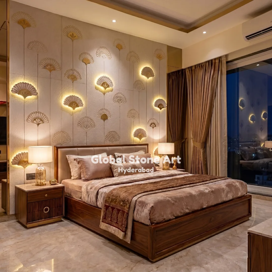 Illuminated Fan-Palm Motif Stone Wall Cladding for Bedroom Headboard Wall