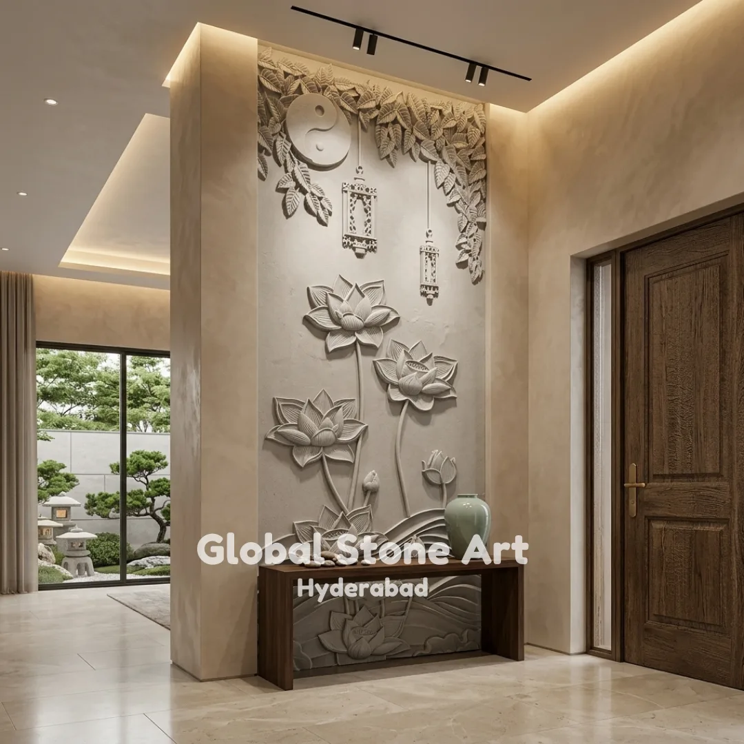 Lotus & Hanging-Lamp Relief Stone Mural Cladding for Foyer & Entrance