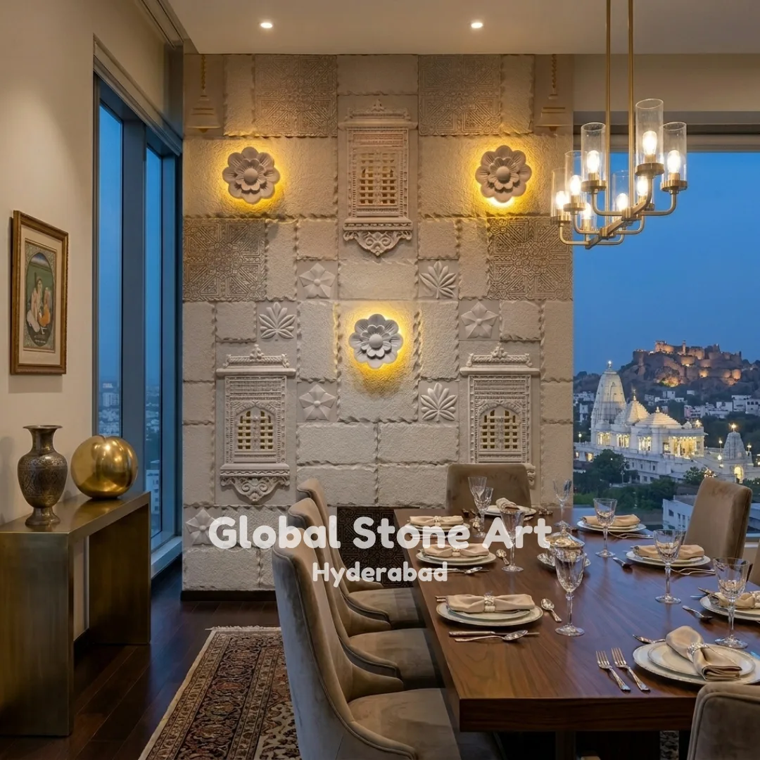 Illuminated Floral Medallion Stone Wall Cladding for Living & Dining Rooms